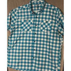 Under Armour Shirt Adult XL Teal Blue Plaid Vented Button Up Short Sleeve Mens